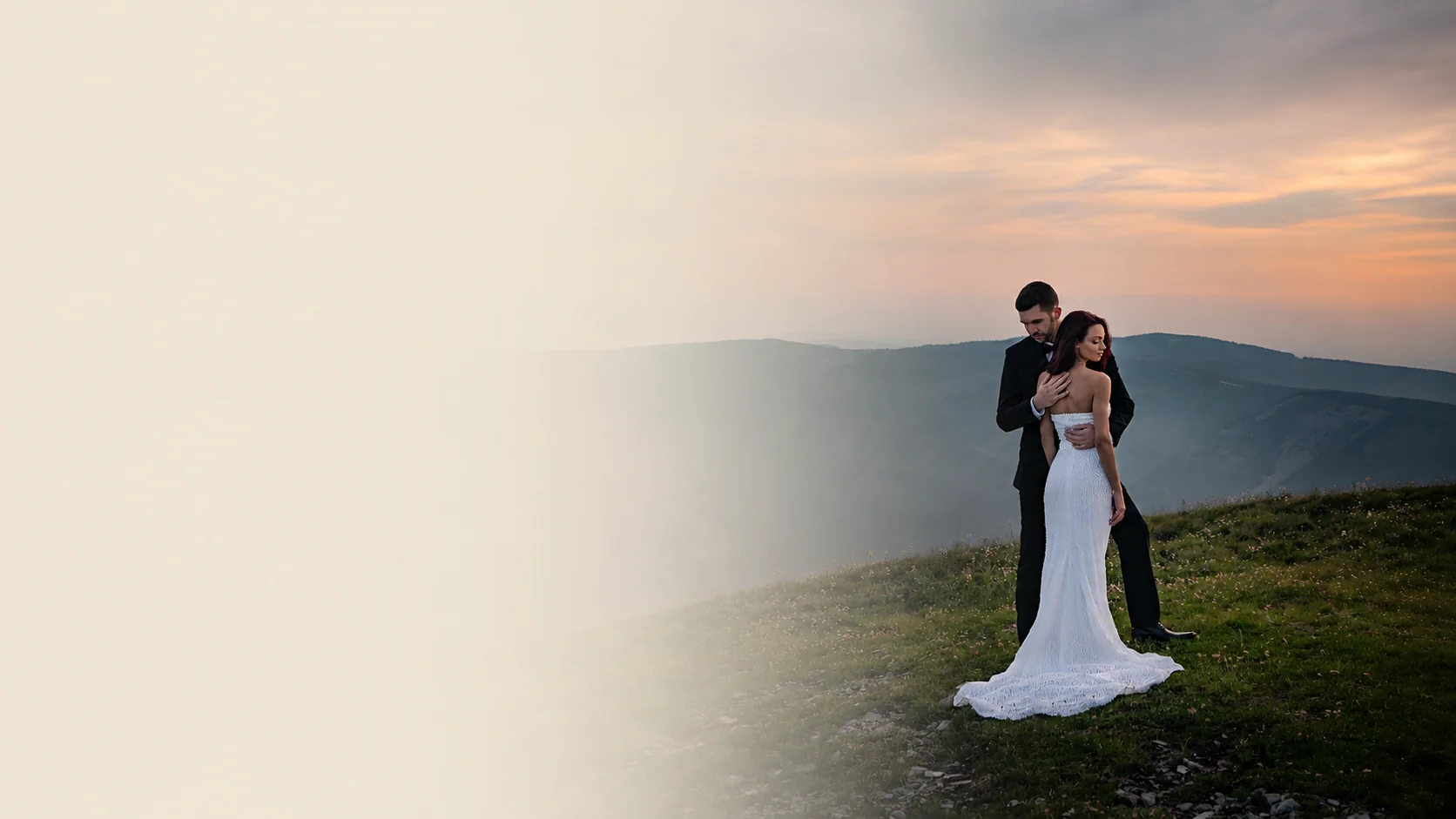 Bride and groom embracing at golden hour in the Canadian Rockies.